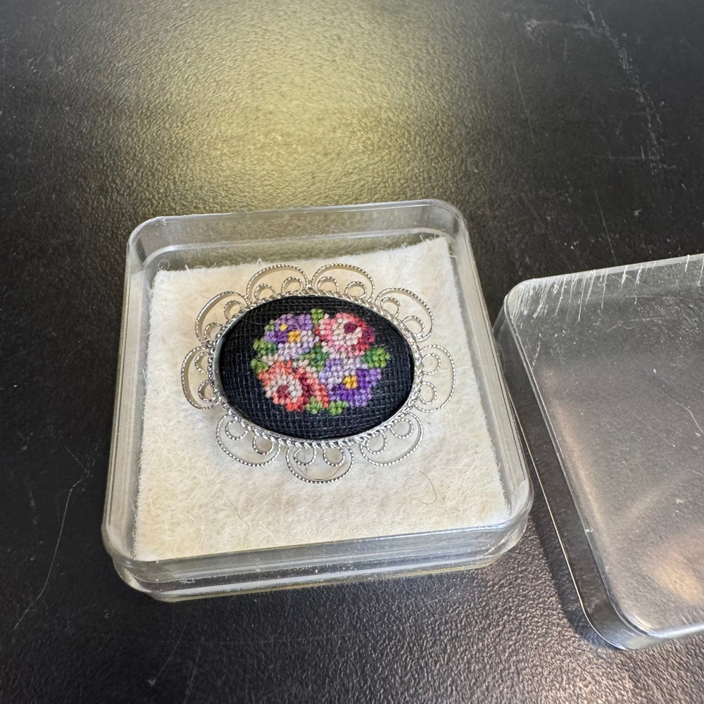 Schmid-Linder Floral Petit Point Brooch Womens Small Black Silver Swiss Vintage